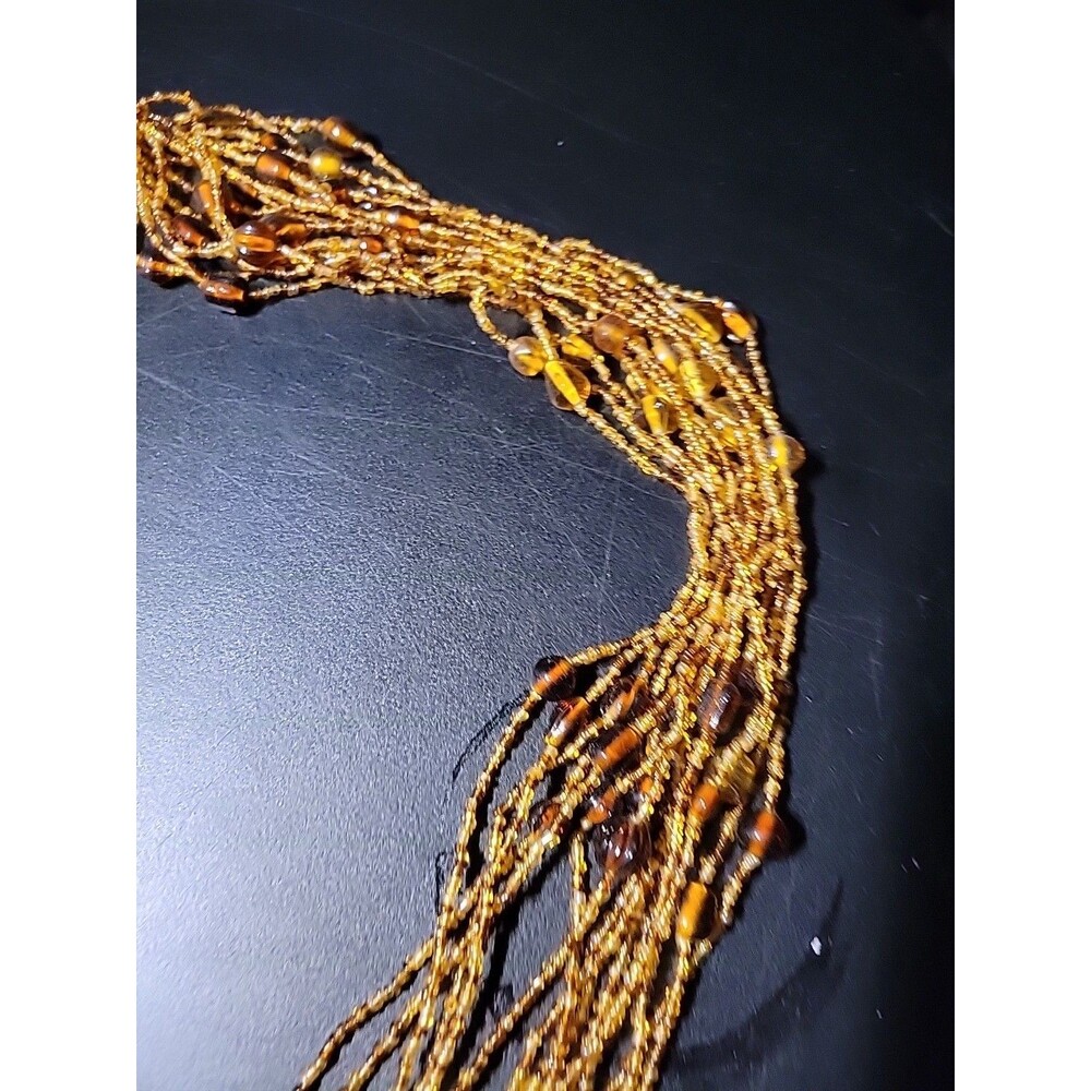 Orange Brown Vtg Beaded Lariat Necklace Boho Beads Fall Autumn Statement Long
